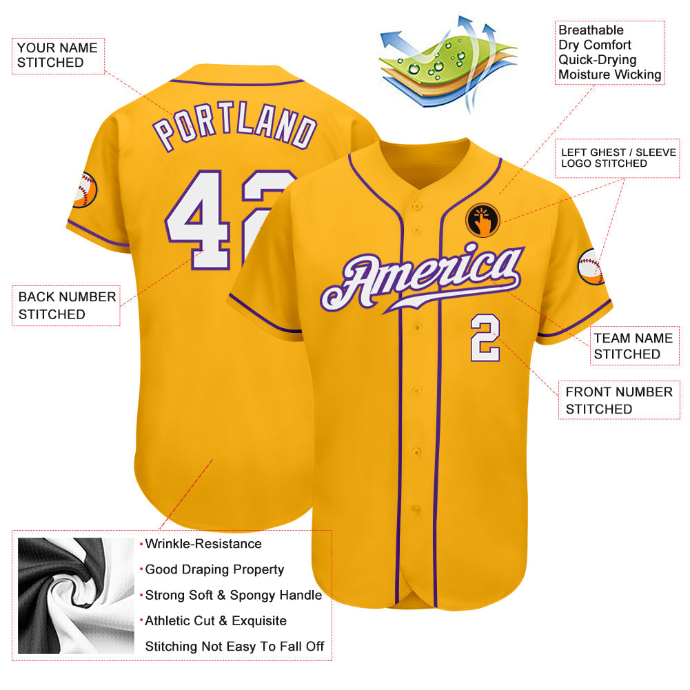 Custom Gold White-Purple Authentic Baseball Jersey - Sky-Custom