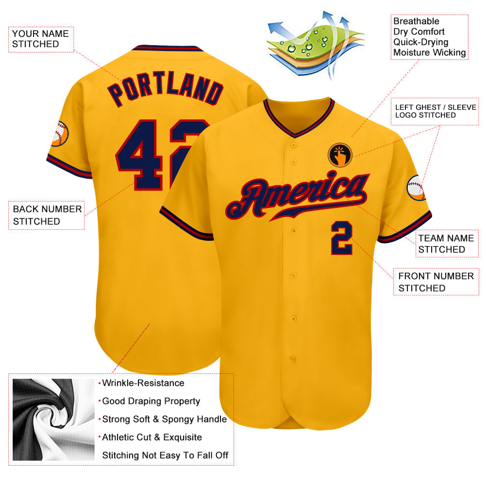 Custom Gold Navy-Red Authentic Baseball Jersey - Sky-Custom
