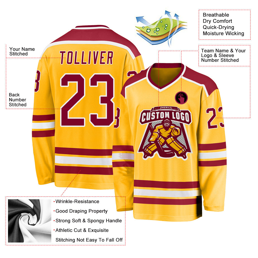 Custom Gold Maroon-White Hockey Jersey - Sky-Custom