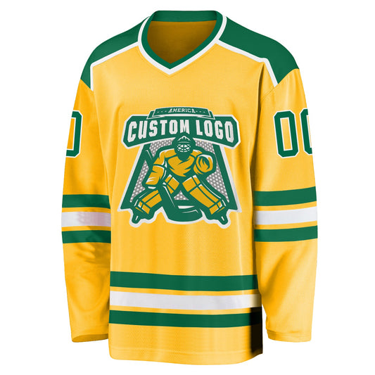 Custom Gold Kelly Green-White Hockey Jersey - Sky-Custom