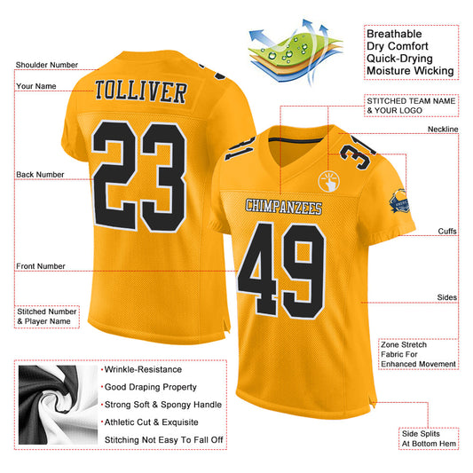 Custom Gold Black-White Mesh Authentic Football Jersey - Sky-Custom