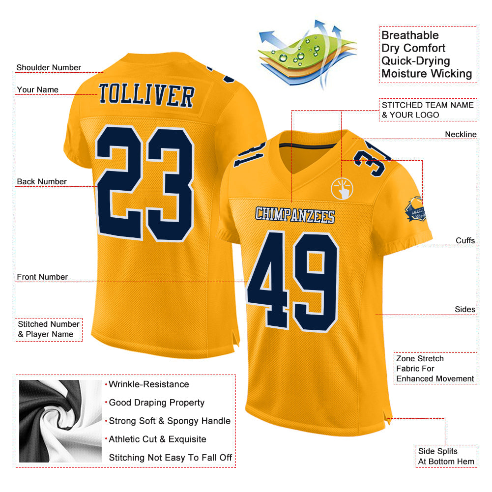 Custom Gold Navy-White Mesh Authentic Football Jersey - Sky-Custom