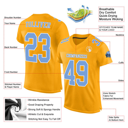 Custom Gold Light Blue-White Mesh Authentic Football Jersey - Sky-Custom
