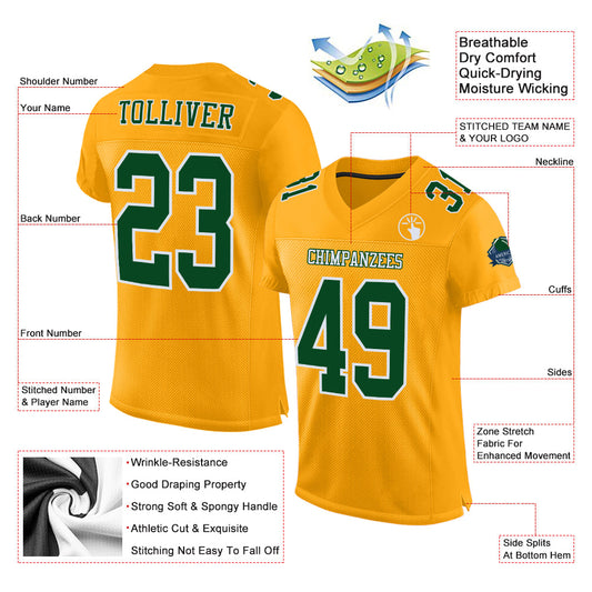 Custom Gold Green-White Mesh Authentic Football Jersey - Sky-Custom