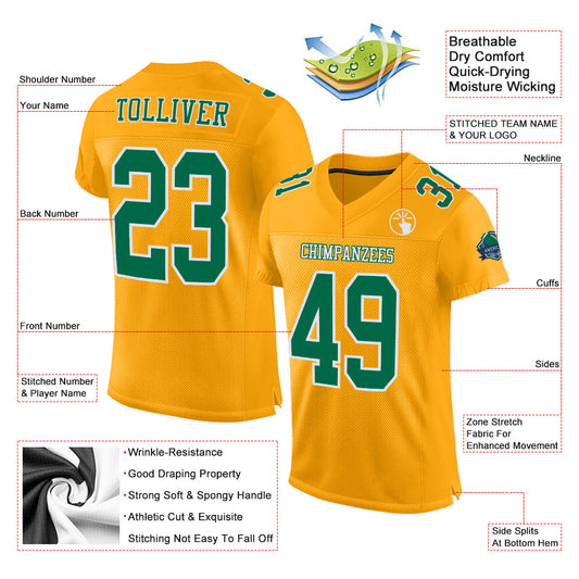 Custom Gold Kelly Green-White Mesh Authentic Football Jersey - Sky-Custom