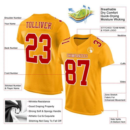 Custom Gold Red-White Mesh Authentic Football Jersey - Sky-Custom