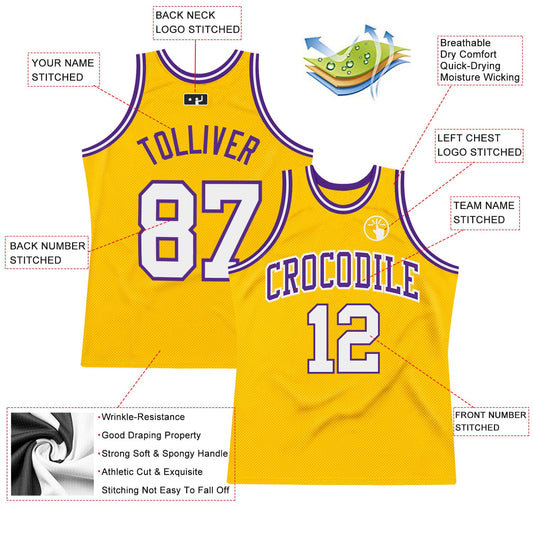 Custom Gold White-Purple Authentic Throwback Basketball Jersey - Sky-Custom