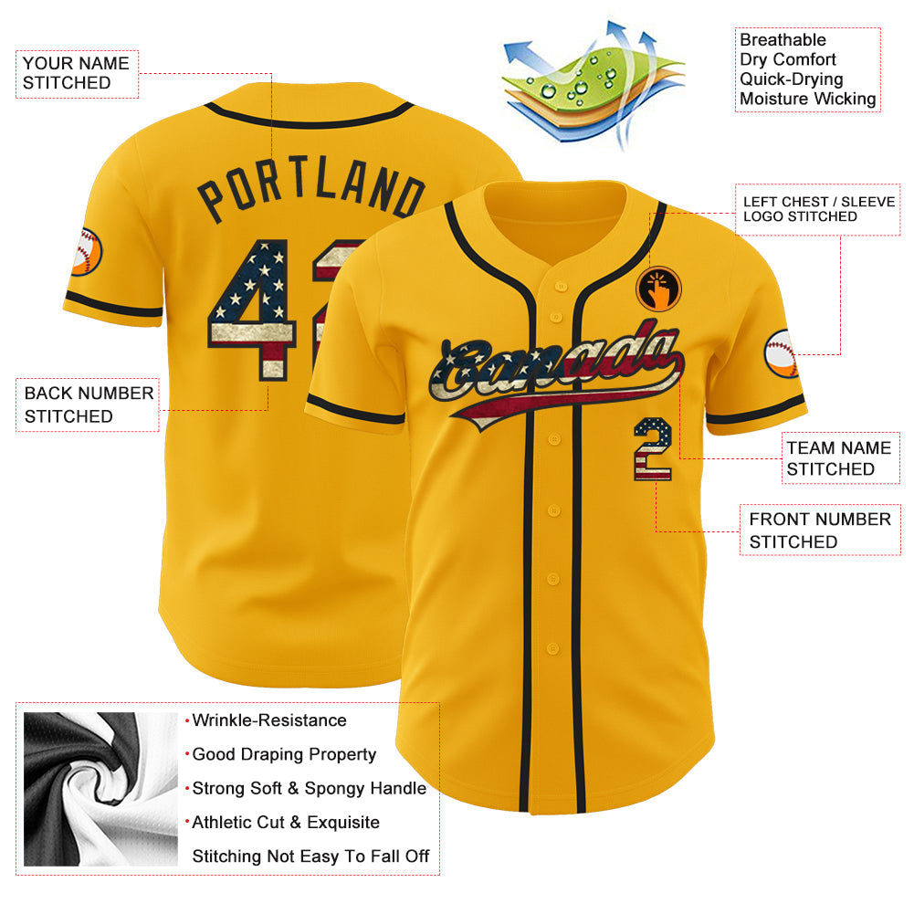 Custom Gold Vintage USA Flag-Black Authentic Baseball Jersey - Sky-Custom