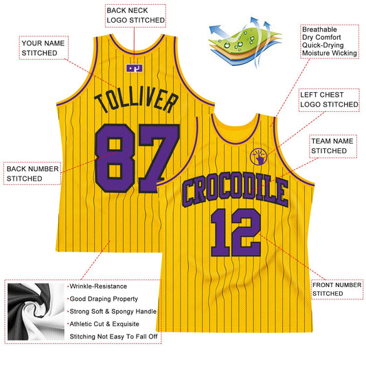 Custom Gold Black Pinstripe Purple Authentic Basketball Jersey - Sky-Custom