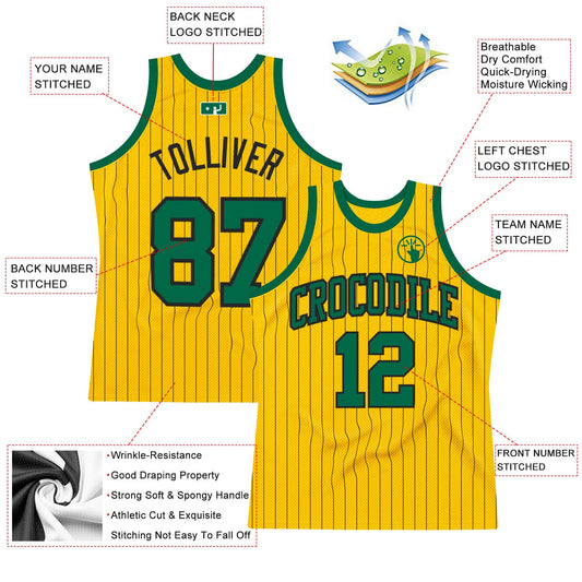 Custom Gold Black Pinstripe Kelly Green Authentic Basketball Jersey - Sky-Custom