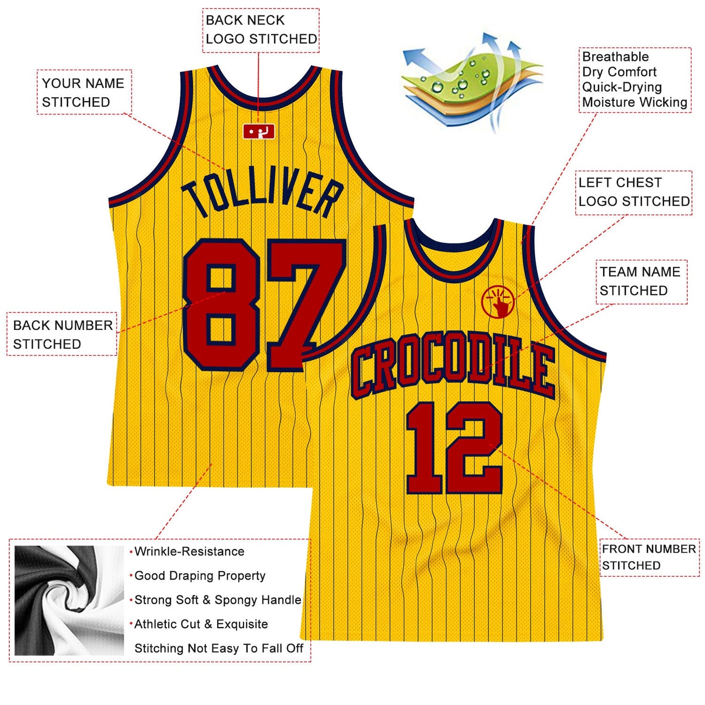 Custom Gold Navy Pinstripe Red Authentic Basketball Jersey - Sky-Custom