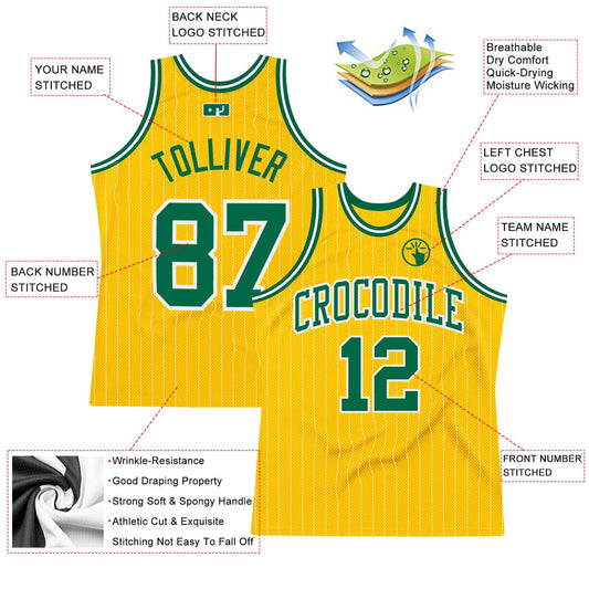 Custom Gold White Pinstripe Kelly Green Authentic Basketball Jersey - Sky-Custom