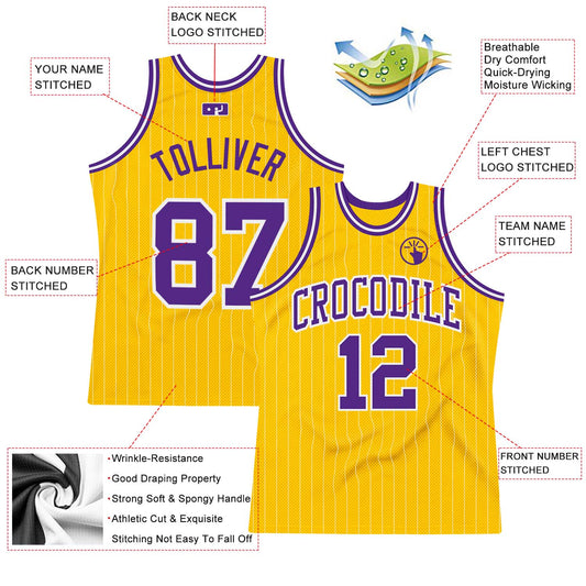 Custom Gold White Pinstripe Purple Authentic Basketball Jersey - Sky-Custom