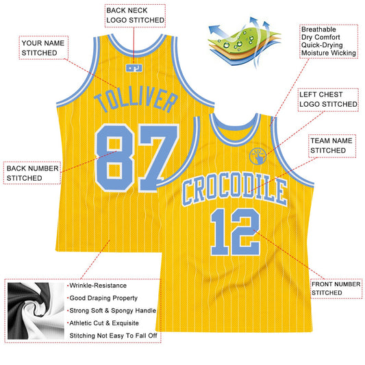 Custom Gold White Pinstripe Light Blue Authentic Basketball Jersey - Sky-Custom
