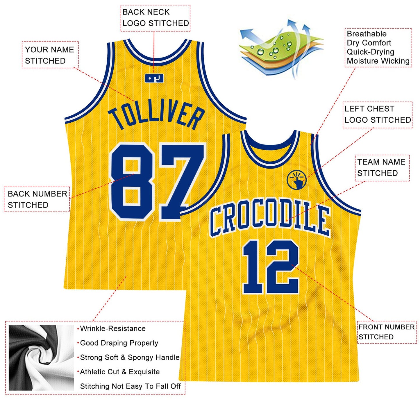Custom Gold White Pinstripe Royal Authentic Basketball Jersey - Sky-Custom