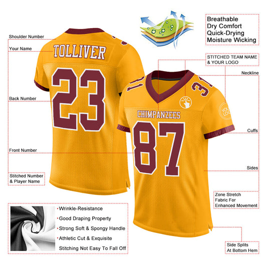Custom Gold Burgundy-White Mesh Authentic Football Jersey - Sky-Custom