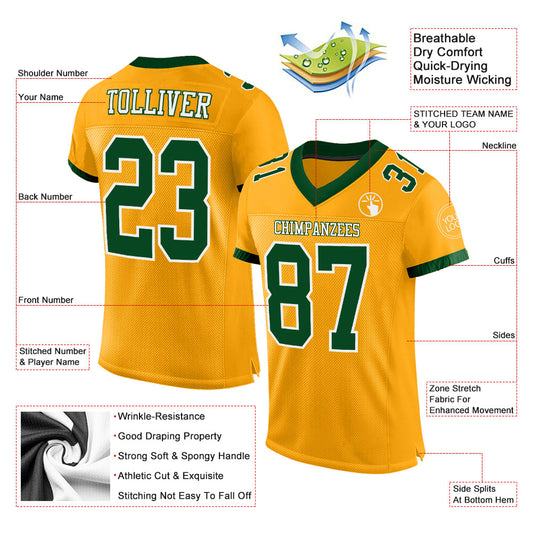 Custom Gold Green-White Mesh Authentic Football Jersey - Sky-Custom