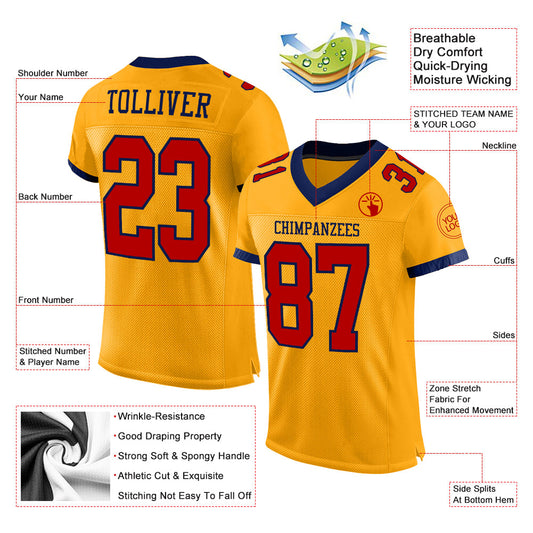 Custom Gold Red-Navy Mesh Authentic Football Jersey - Sky-Custom