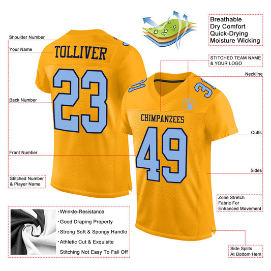 Custom Gold Light Blue-Navy Mesh Authentic Football Jersey - Sky-Custom
