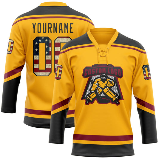 Custom Gold Vintage USA Flag Black-Crimson Hockey Lace Neck Jersey - Sky-Custom