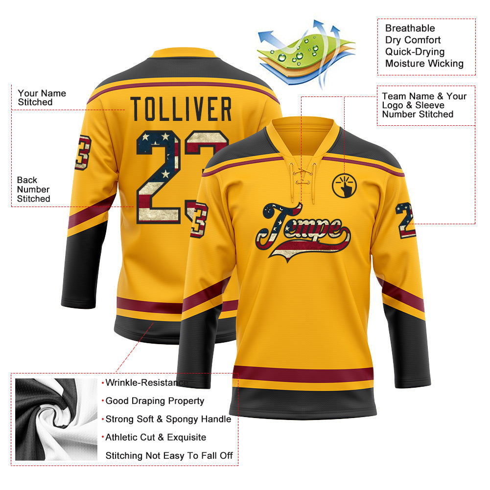 Custom Gold Vintage USA Flag Black-Crimson Hockey Lace Neck Jersey - Sky-Custom