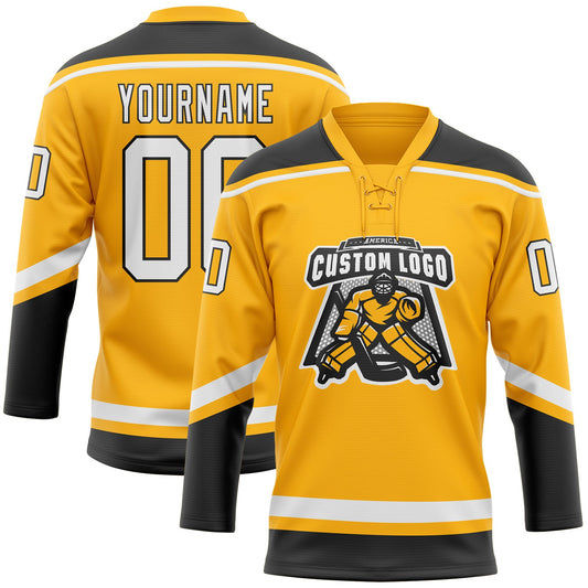 Custom Gold White-Black Hockey Lace Neck Jersey - Sky-Custom