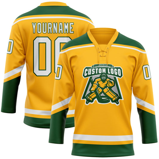 Custom Gold White-Green Hockey Lace Neck Jersey - Sky-Custom