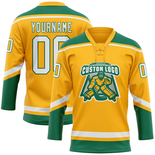 Custom Gold White-Kelly Green Hockey Lace Neck Jersey - Sky-Custom