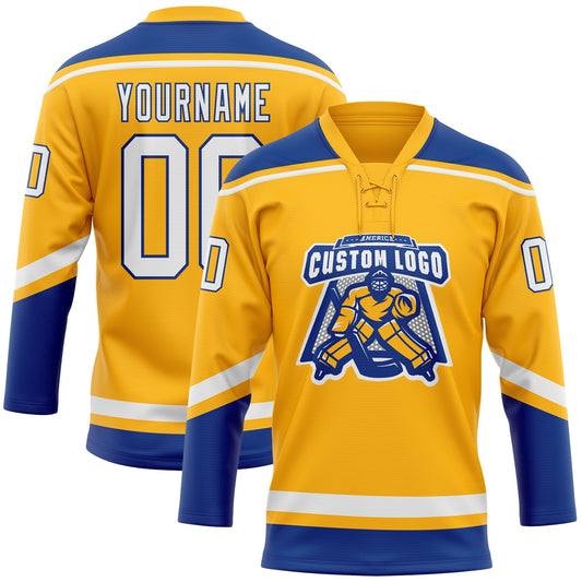 Custom Gold White-Royal Hockey Lace Neck Jersey - Sky-Custom