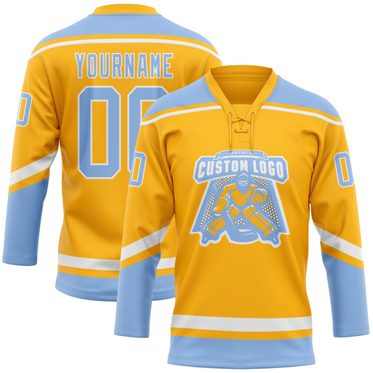 Custom Gold White-Light Blue Hockey Lace Neck Jersey - Sky-Custom