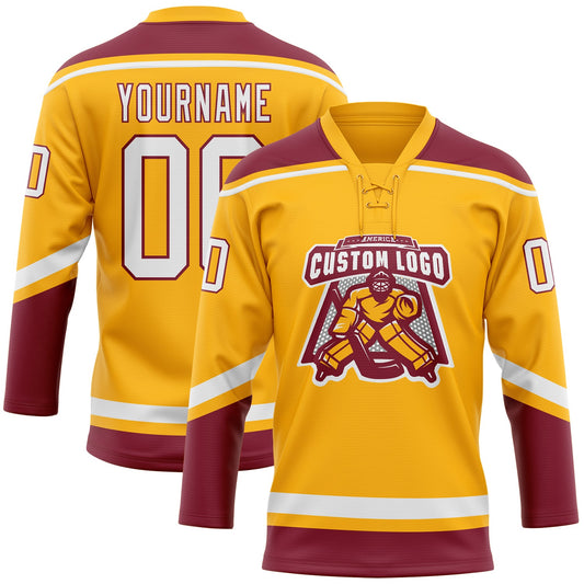 Custom Gold White-Crimson Hockey Lace Neck Jersey - Sky-Custom