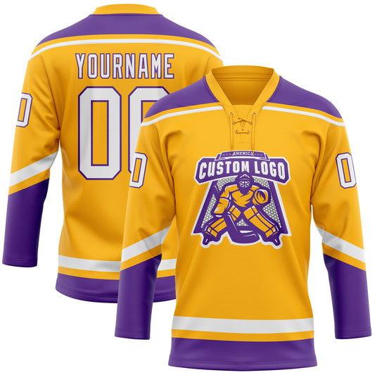 Custom Gold White-Purple Hockey Lace Neck Jersey - Sky-Custom