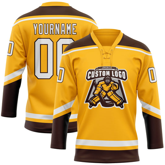 Custom Gold White-Brown Hockey Lace Neck Jersey - Sky-Custom