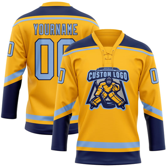 Custom Gold Light Blue-Navy Hockey Lace Neck Jersey - Sky-Custom