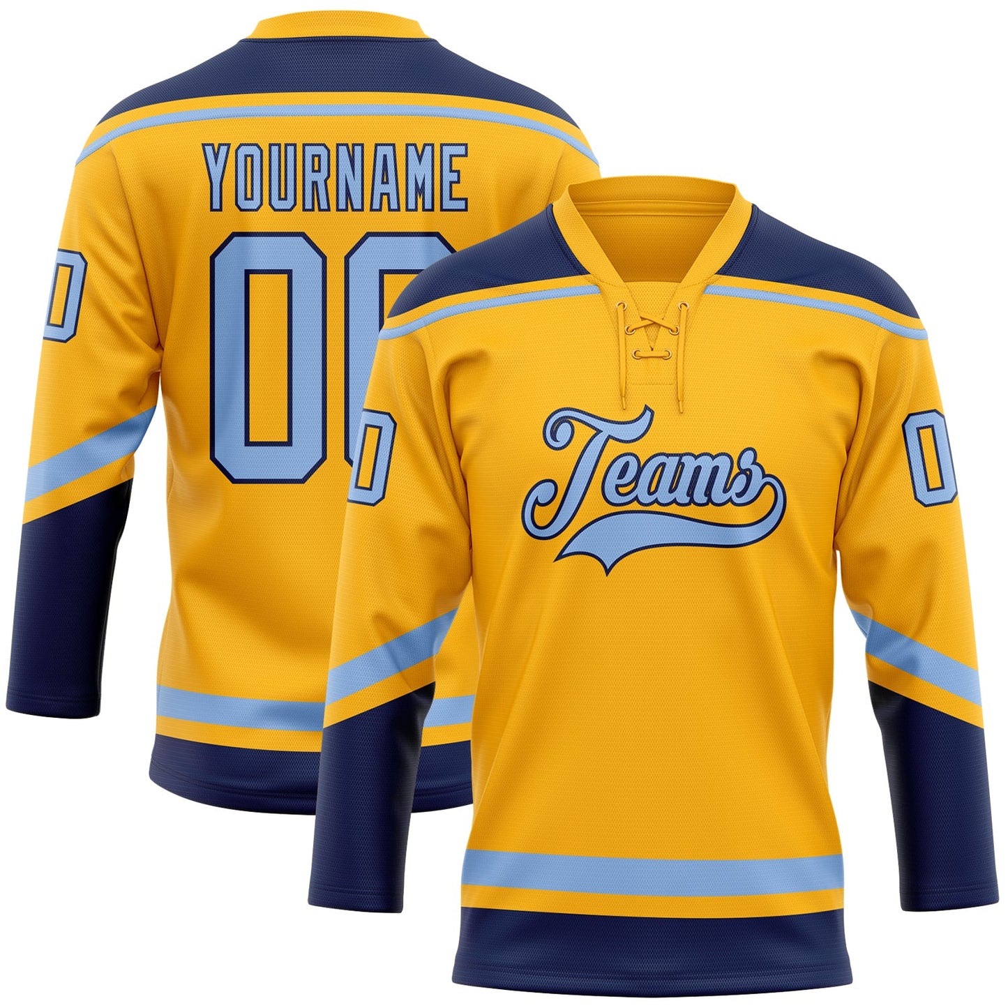 Custom Gold Light Blue-Navy Hockey Lace Neck Jersey - Sky-Custom