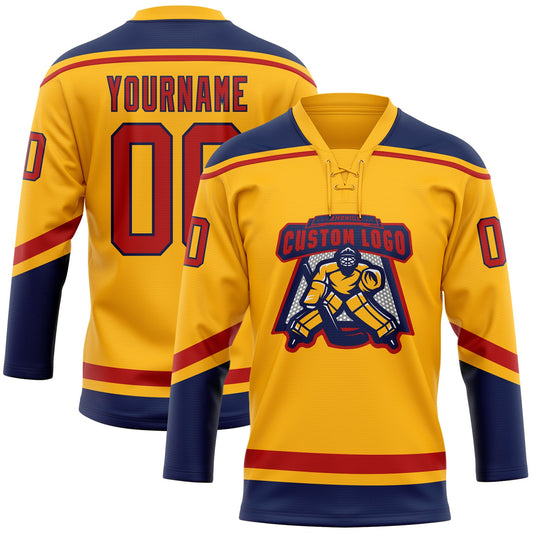 Custom Gold Red-Navy Hockey Lace Neck Jersey - Sky-Custom