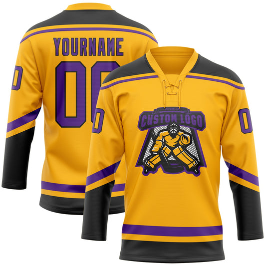 Custom Gold Purple-Black Hockey Lace Neck Jersey - Sky-Custom