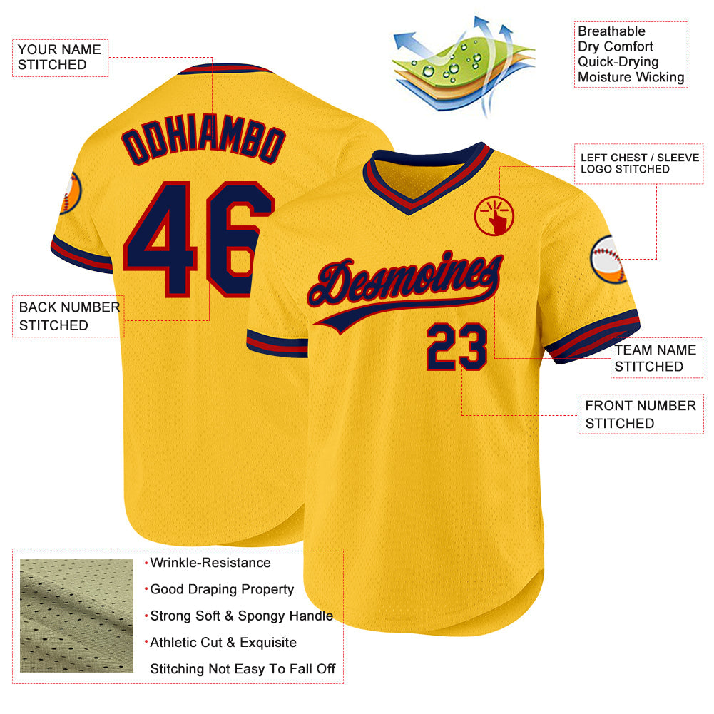 Custom Gold Navy-Red Authentic Throwback Baseball Jersey - Sky-Custom