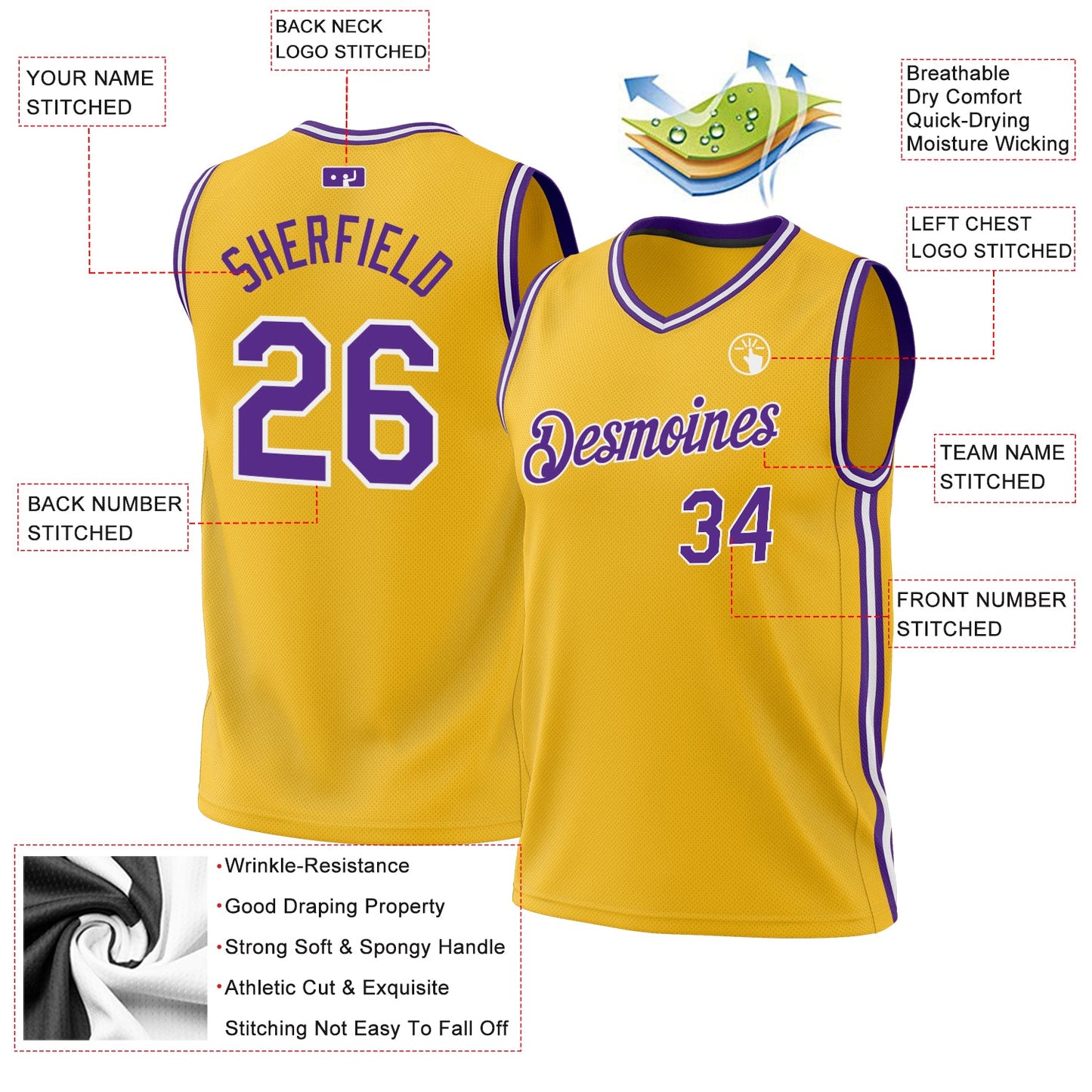 Custom Gold Purple-White Authentic Throwback Basketball Jersey - Sky-Custom