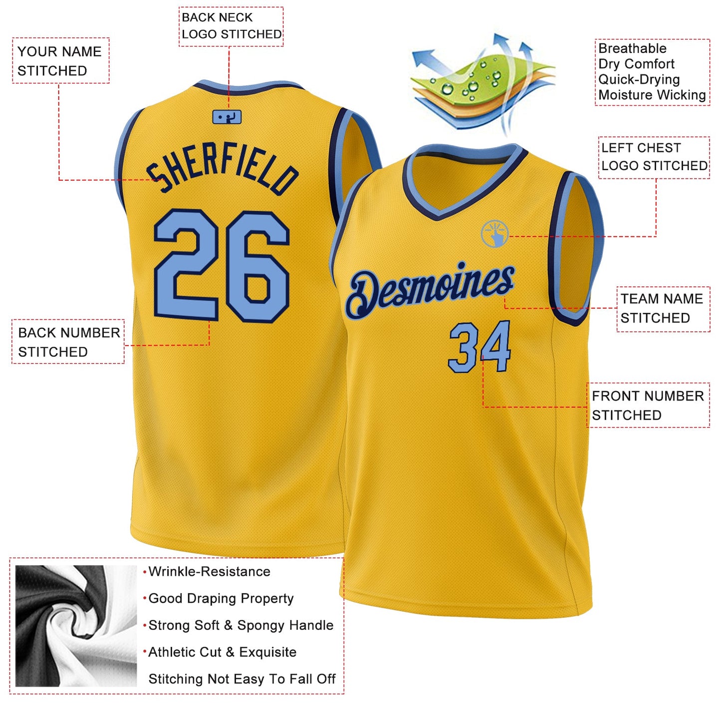 Custom Gold Light Blue-White Authentic Throwback Basketball Jersey - Sky-Custom