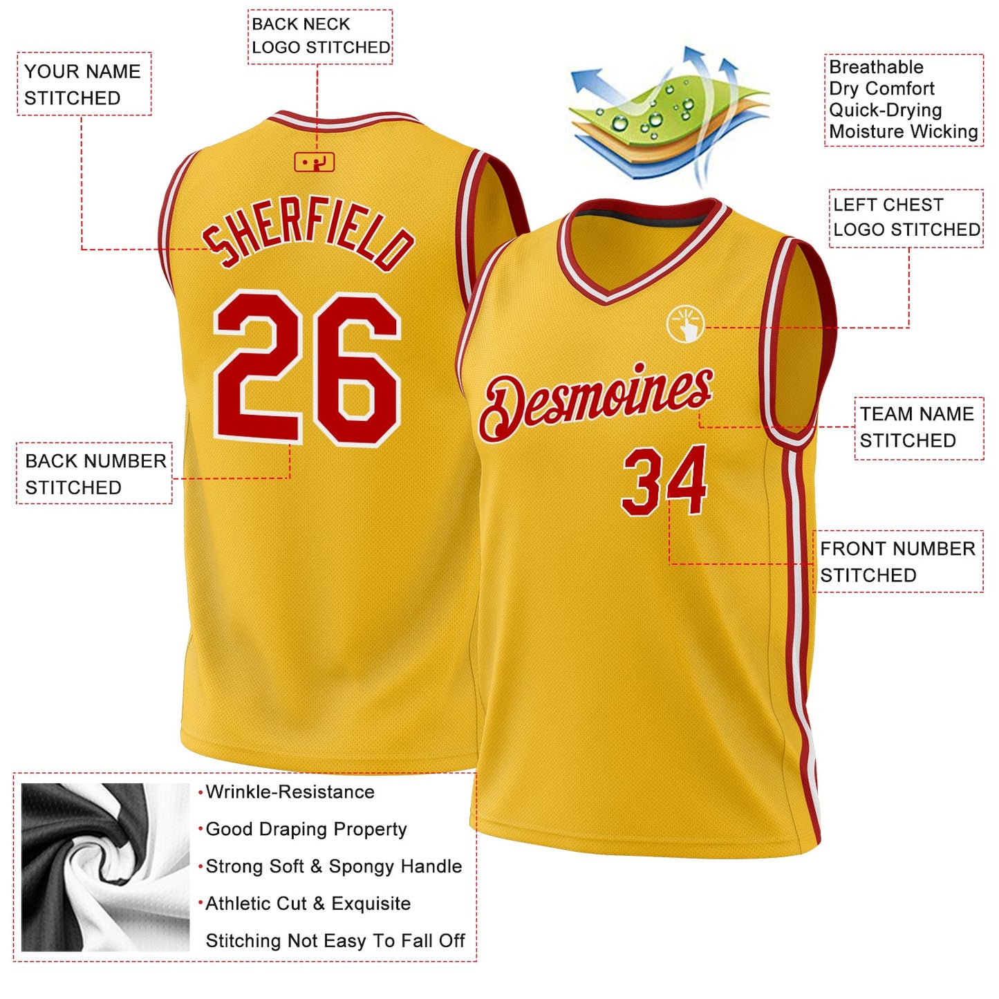 Custom Gold Red-White Authentic Throwback Basketball Jersey - Sky-Custom