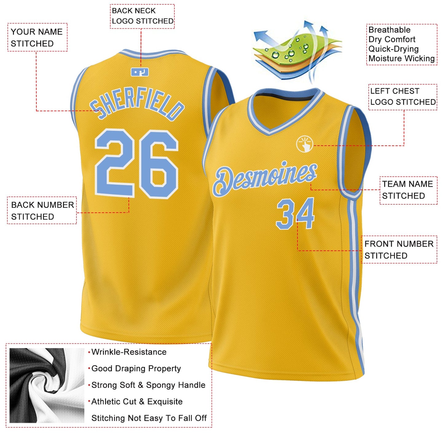 Custom Gold Light Blue-White Authentic Throwback Basketball Jersey - Sky-Custom