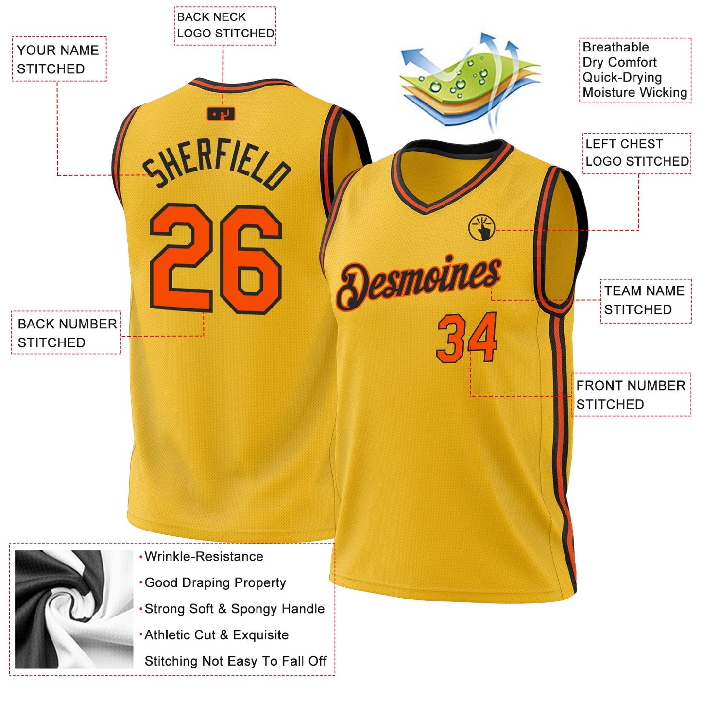Custom Gold Orange-Black Authentic Throwback Basketball Jersey - Sky-Custom