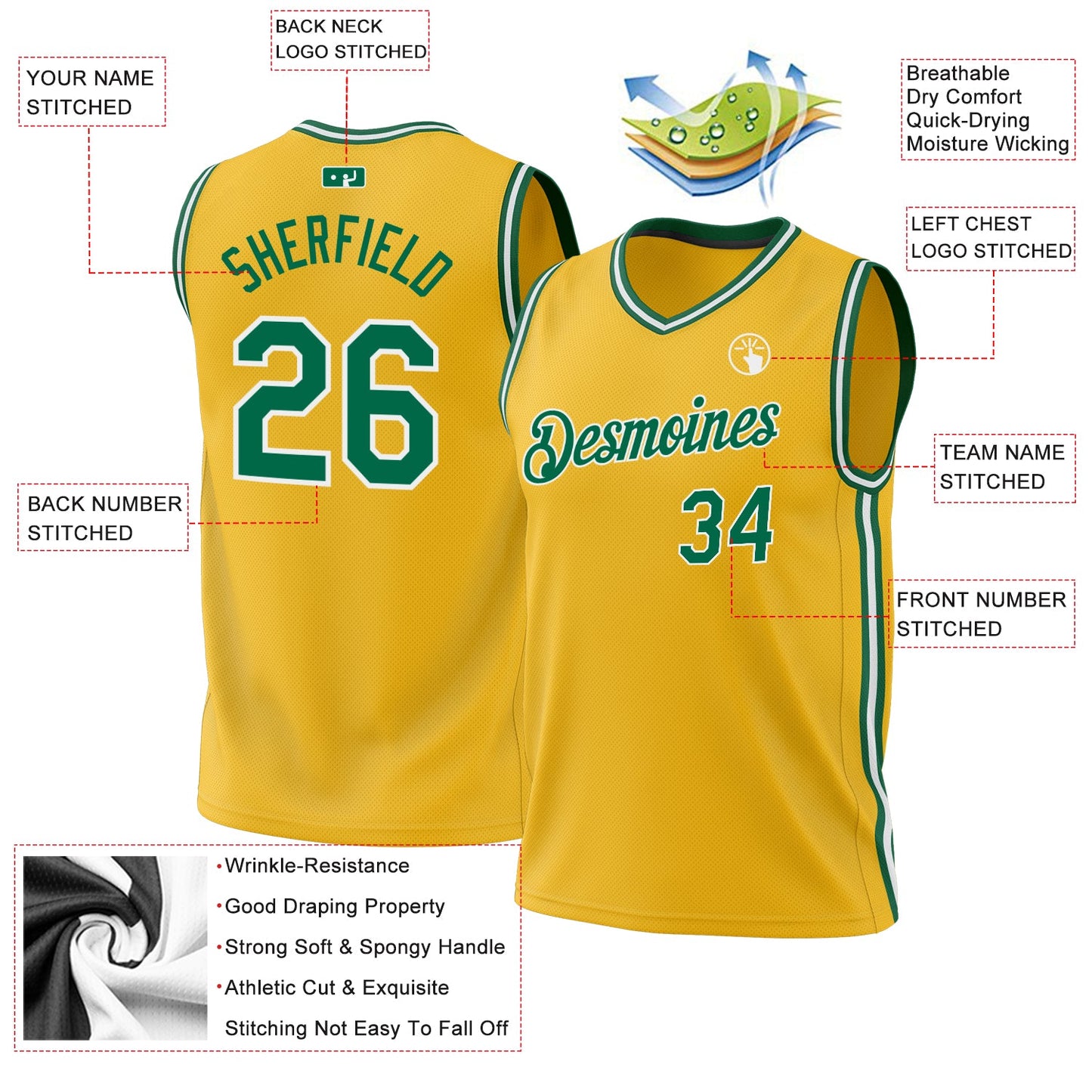 Custom Gold Kelly Green-White Authentic Throwback Basketball Jersey - Sky-Custom