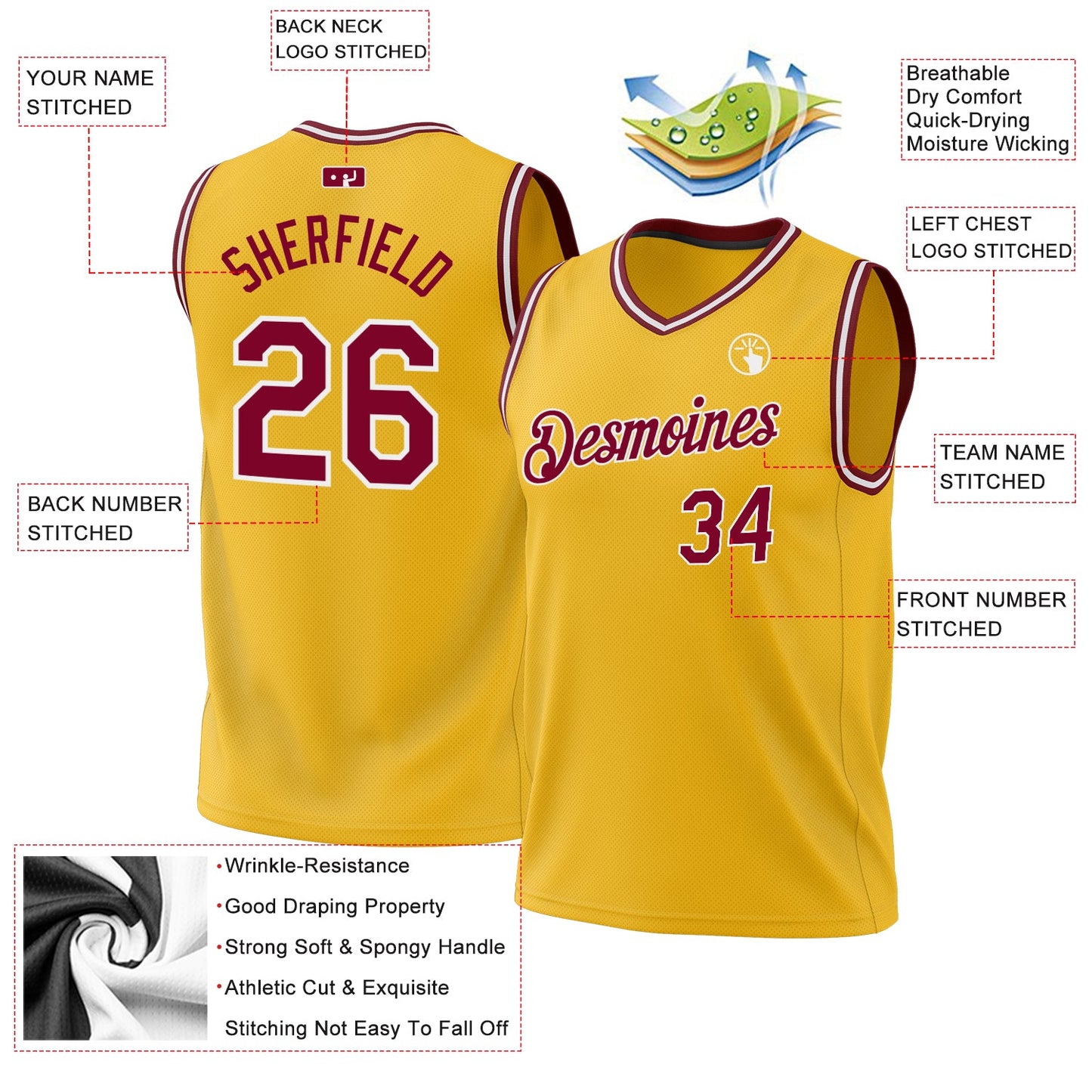 Custom Gold Maroon-White Authentic Throwback Basketball Jersey - Sky-Custom