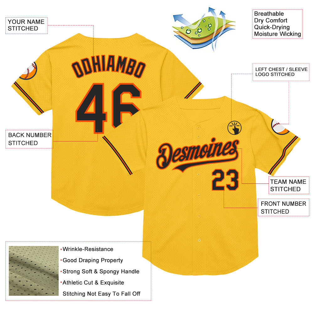 Custom Gold Black-Orange Mesh Authentic Throwback Baseball Jersey - Sky-Custom