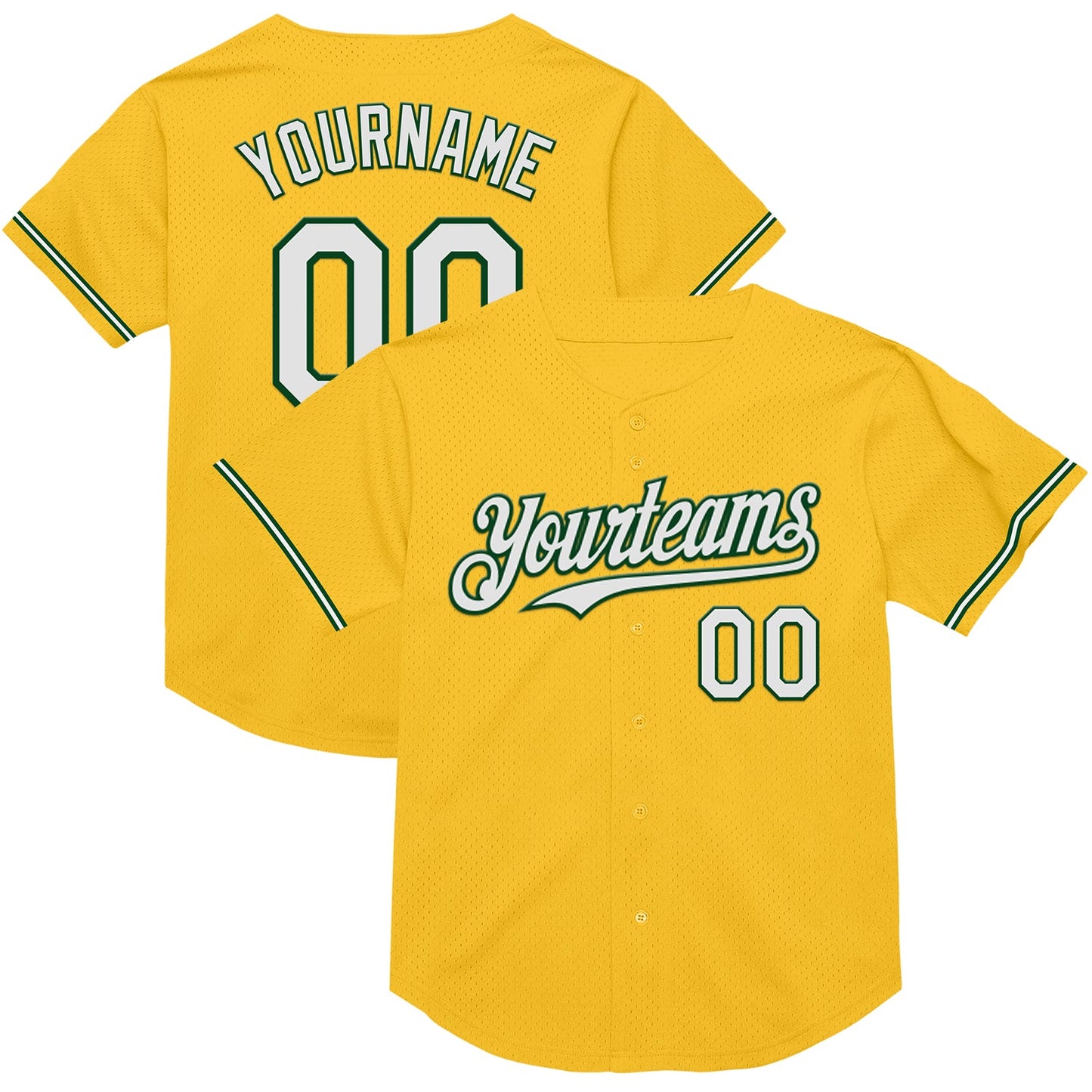 Custom Gold White-Green Mesh Authentic Throwback Baseball Jersey - Sky-Custom