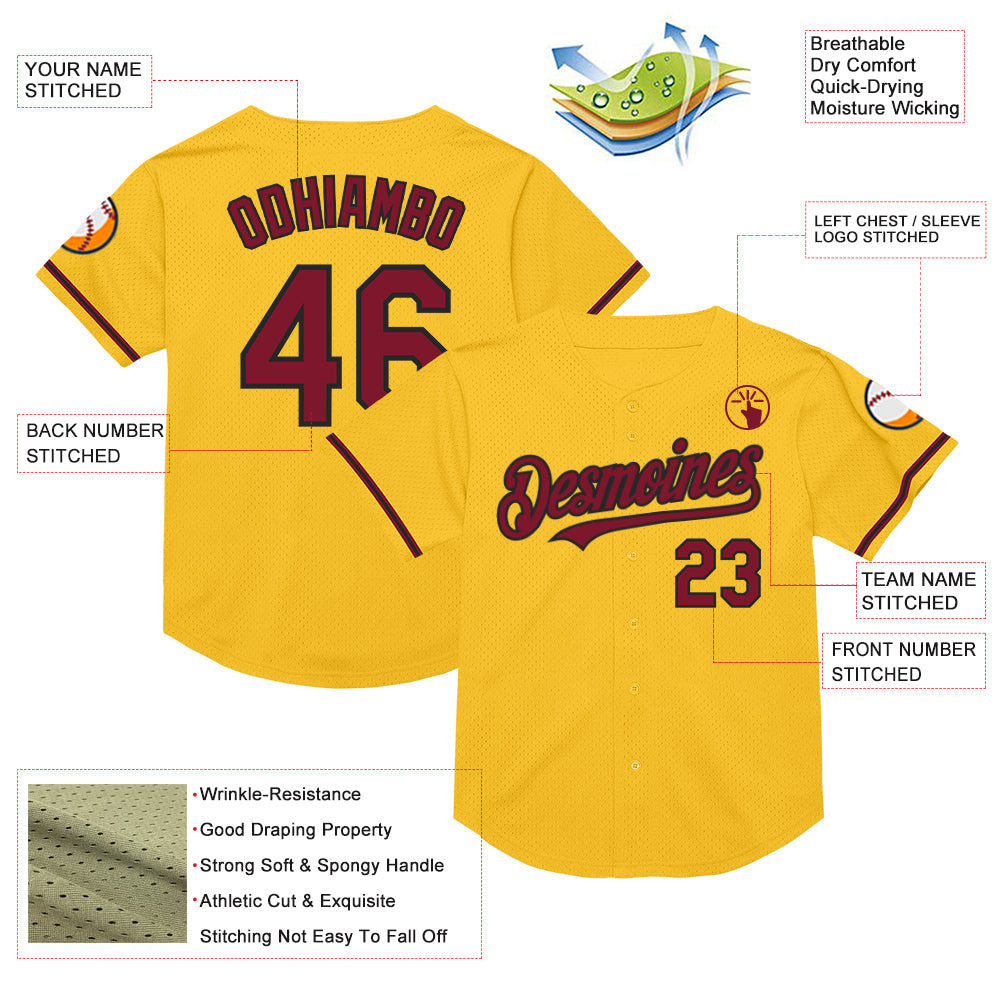 Custom Gold Crimson-Black Mesh Authentic Throwback Baseball Jersey - Sky-Custom