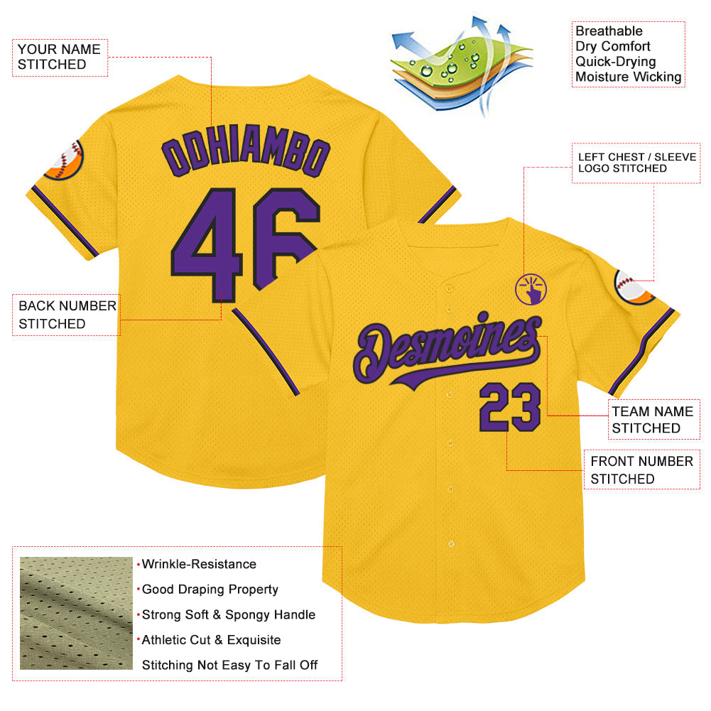 Custom Gold Purple-Black Mesh Authentic Throwback Baseball Jersey - Sky-Custom