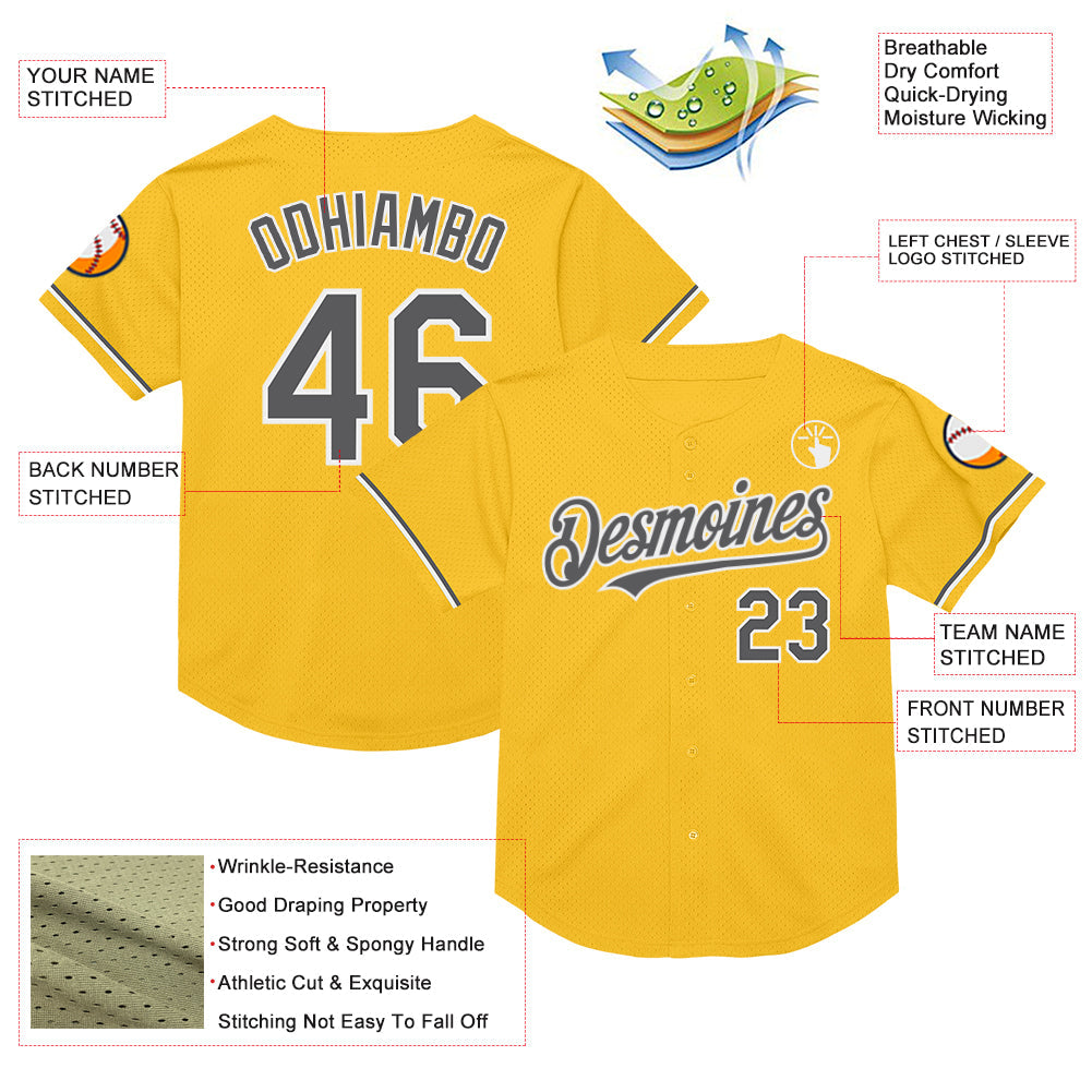 Custom Gold Steel Gray-White Mesh Authentic Throwback Baseball Jersey - Sky-Custom